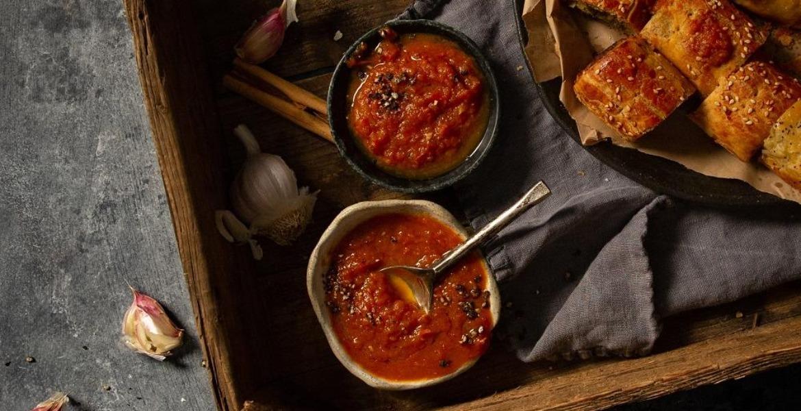 Wrinkly tomato sauce in a dish with serving spoon