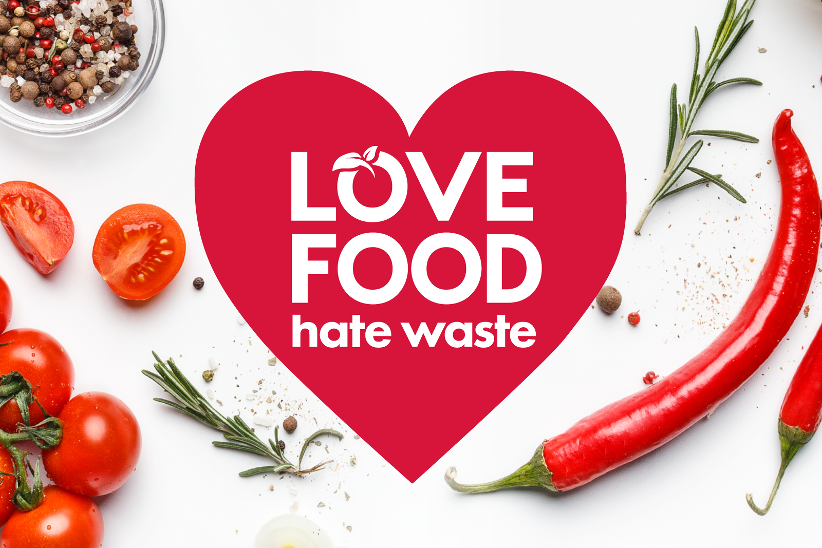 Love Food Hate Waste icon surrounded by red food