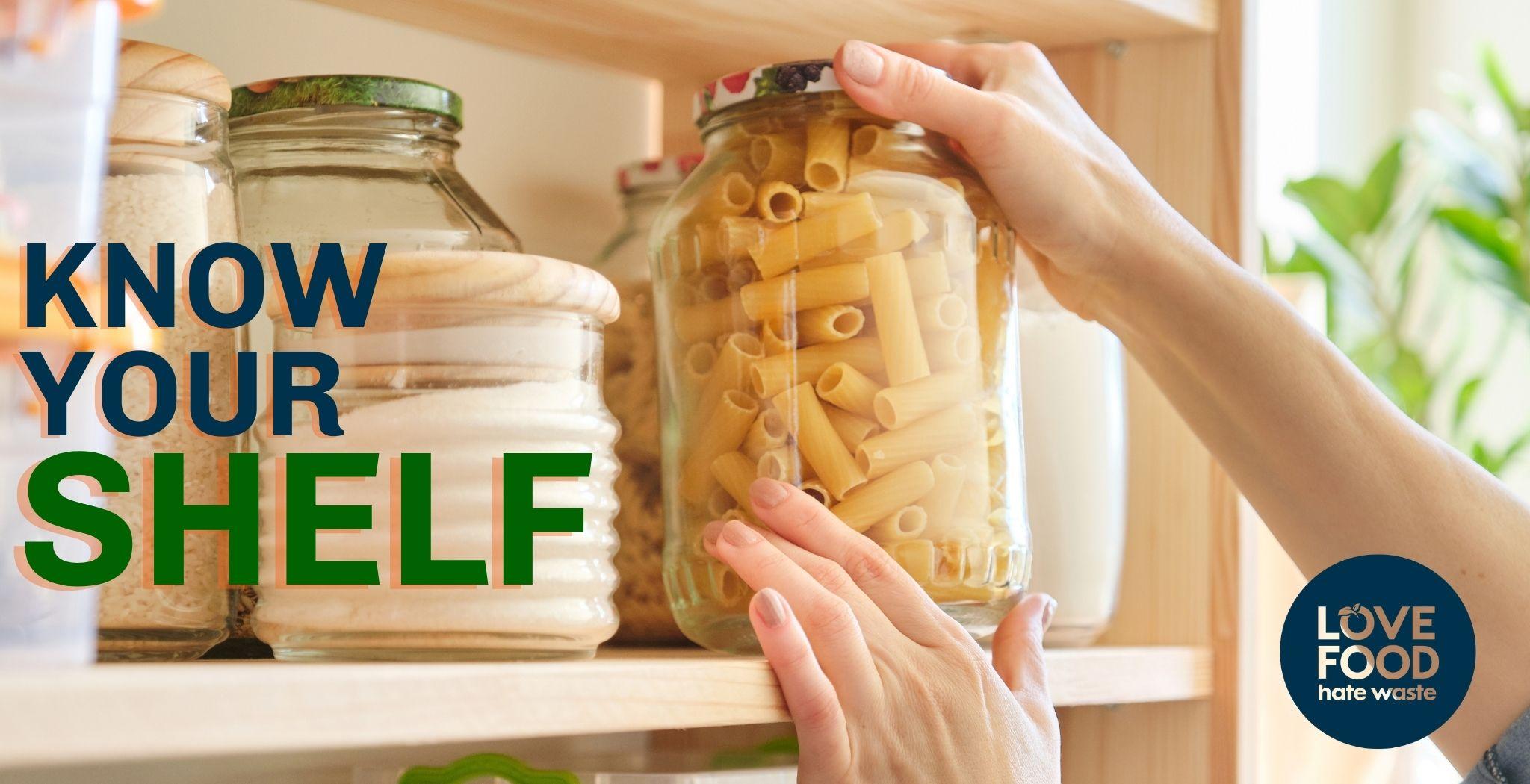 hands placing a jar of pasta on a pantry shelf